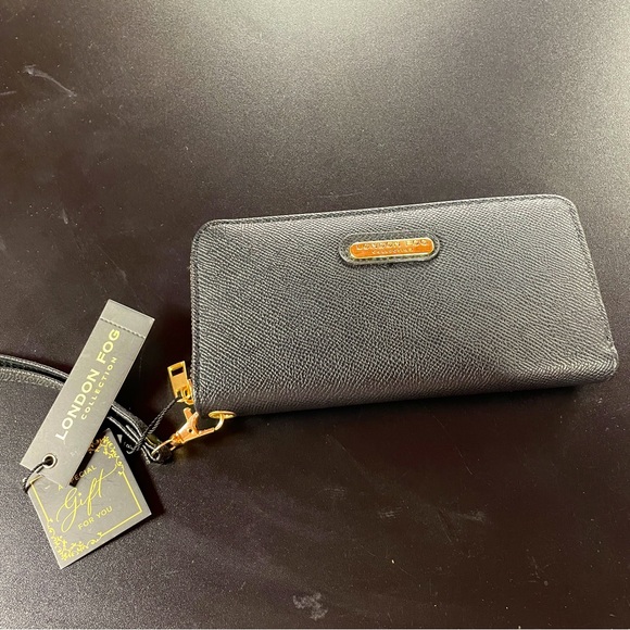 London Fog Handbags - NWT London Fog Adalia Zip Around Caviar Emboss Black And Gold Wristlet Wallet